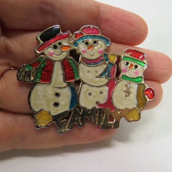 Jewelry - Vintage Enamel Snowman Family Winter Holiday Brooch Lapel Pin